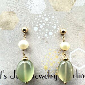 Womens Earrings 14K Yellow Gold Pearl Peridot Chandelier Drop Pierced Gift Idea